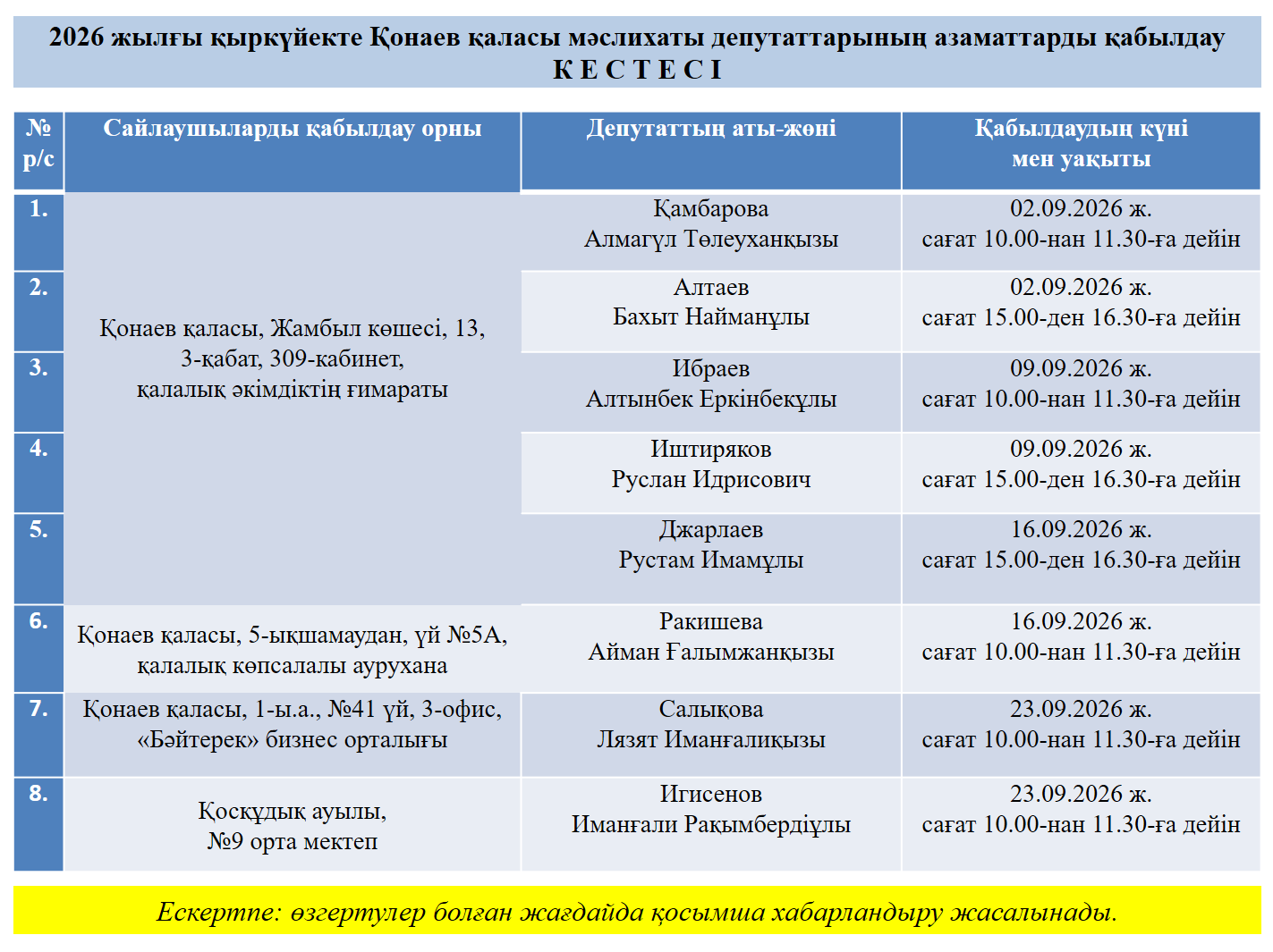График приемов граждан на сентябрь 2026 года
