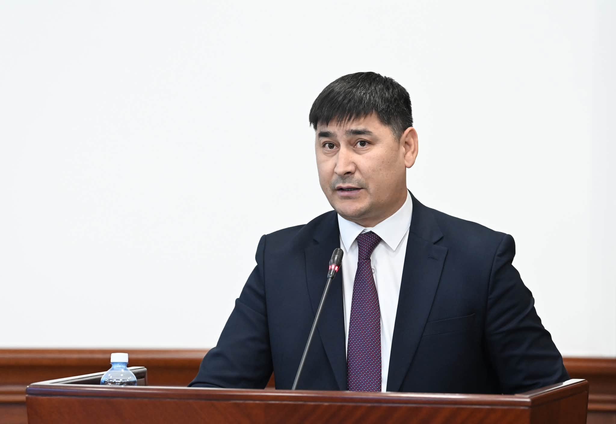 Кілемдегі трибунада тұрған, қою түсті костюм мен галстук киген ер адам.