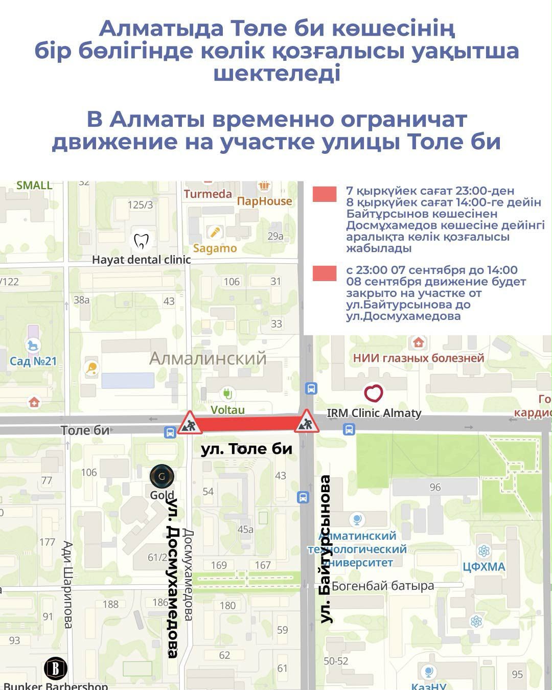 В Алматы временно ограничат движение на участке улицы Толе би