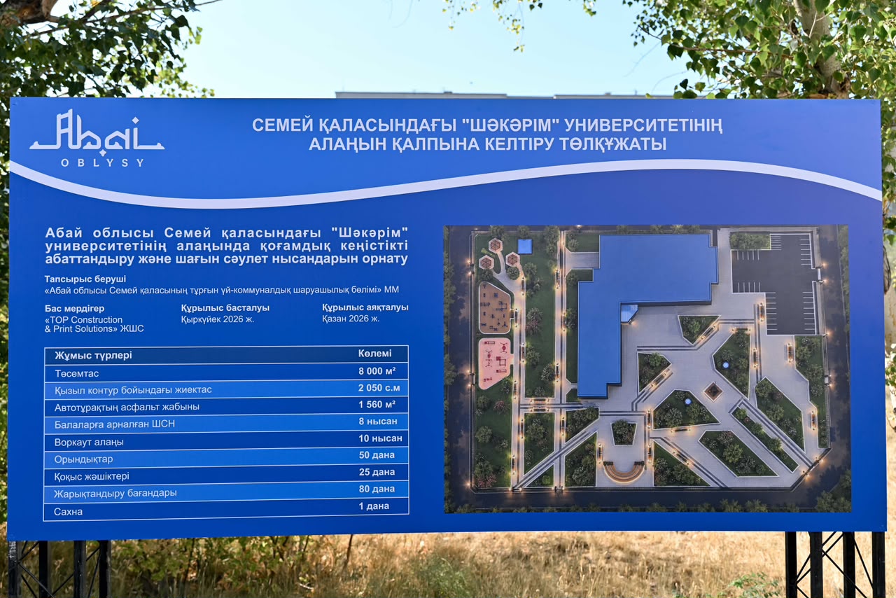 Семей қаласындағы «Шәкәрім» университеті алаңын қалпына келтіру жобасының ақпараттық тақтасы.