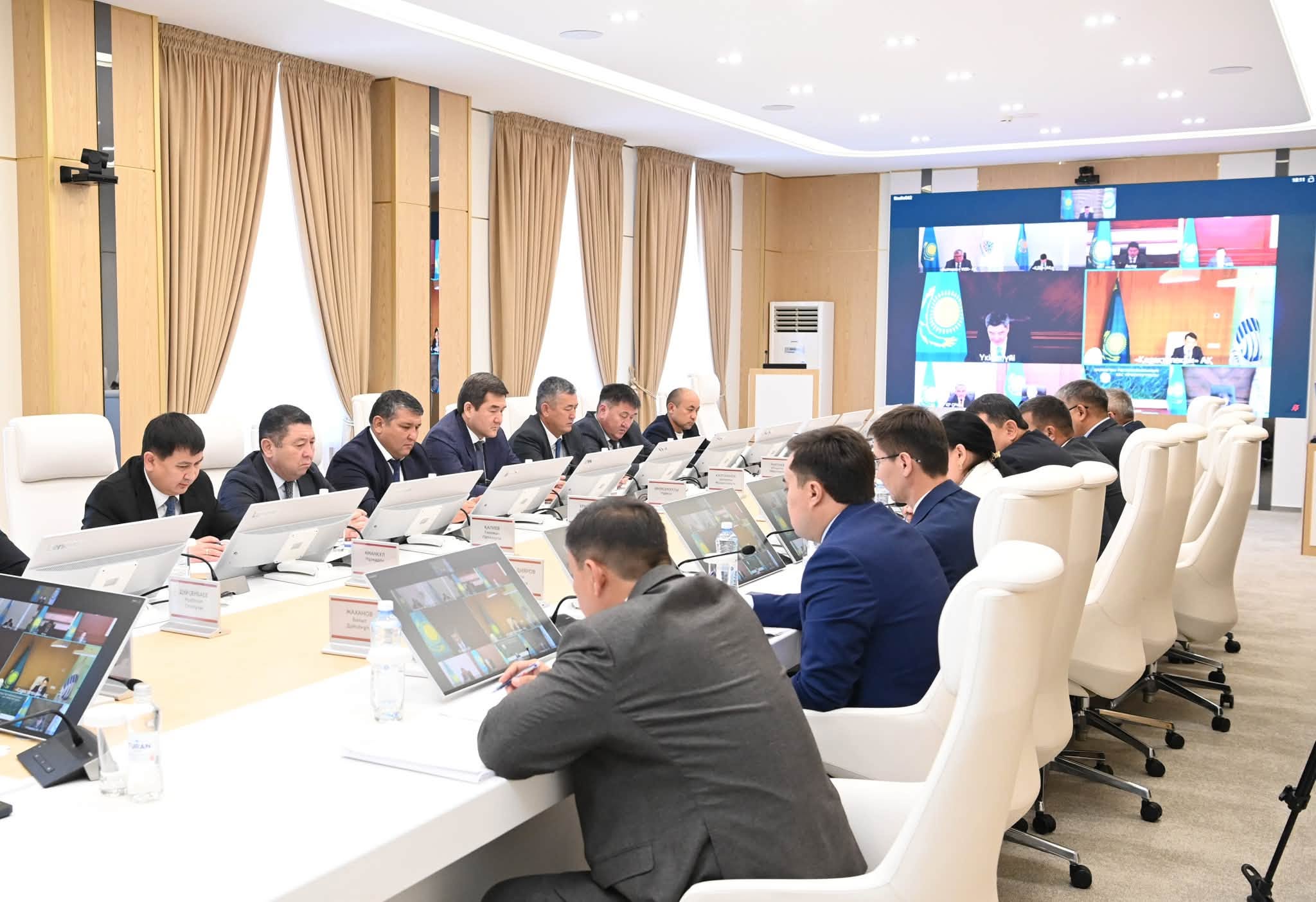 Бейнебайланыс арқылы өтетін жиналысқа қатысып отырған ресми киінген ерлер тобы.