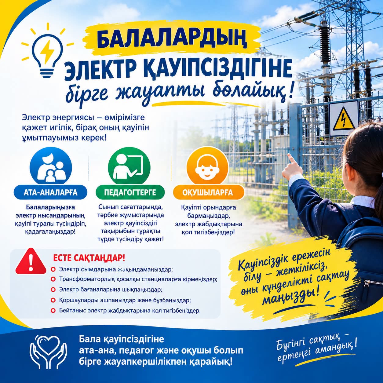 ⚡ БАЛАЛАРДЫҢ ЭЛЕКТР ҚАУІПСІЗДІГІНЕ БІРГЕ ЖАУАПТЫ БОЛАЙЫҚ!