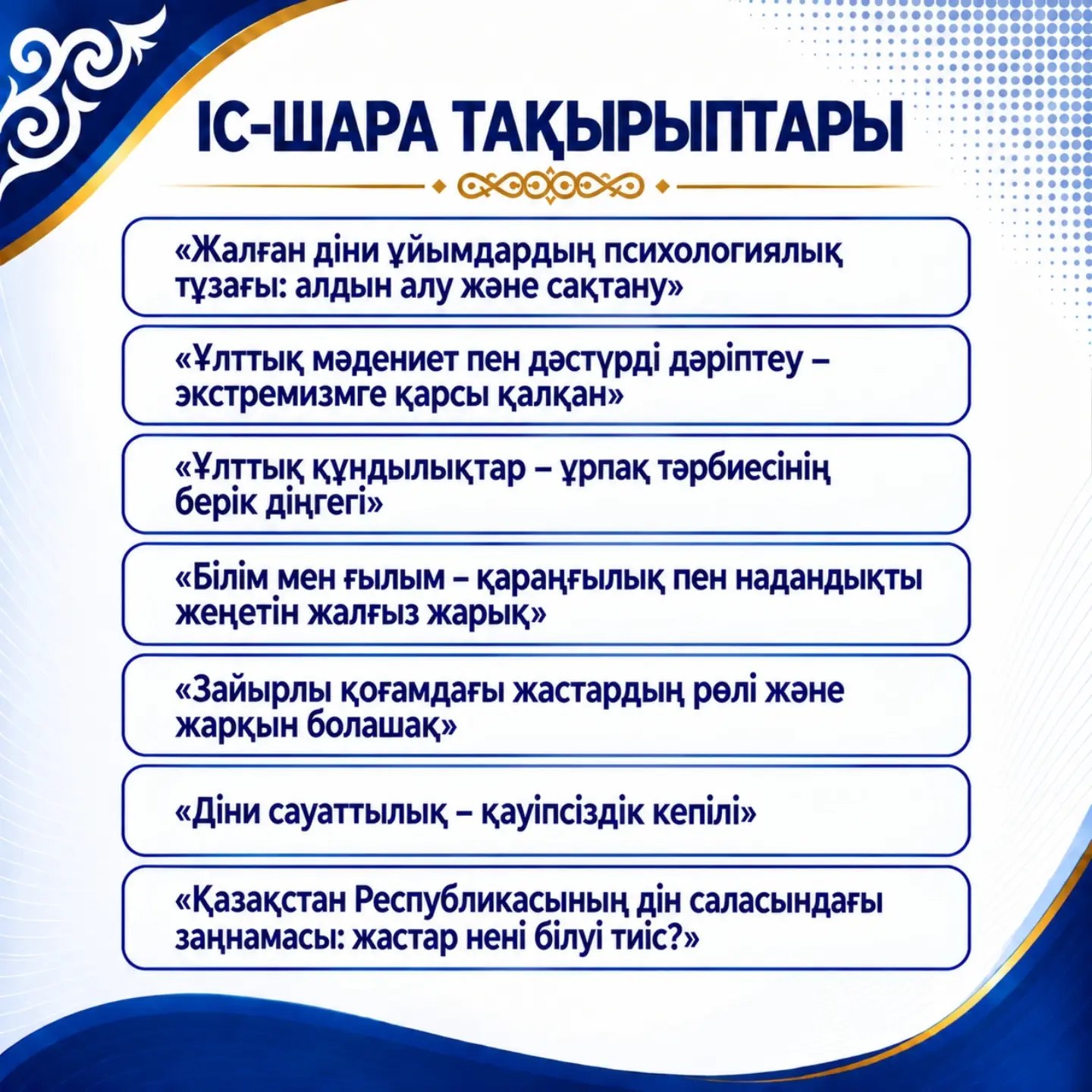 Іс-шара тақырыптарының тізімі жазылған ақпараттық сурет.