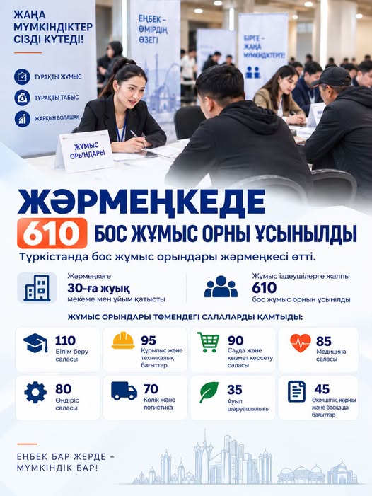 Түркістан қаласында бүгін  бос жұмыс орындары жәрмеңкесі өтті.