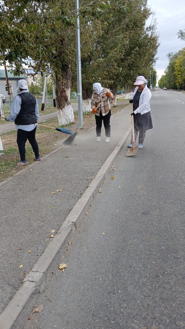 Жол жиегіндегі тротуарды сыпырып жатқан үш адам.