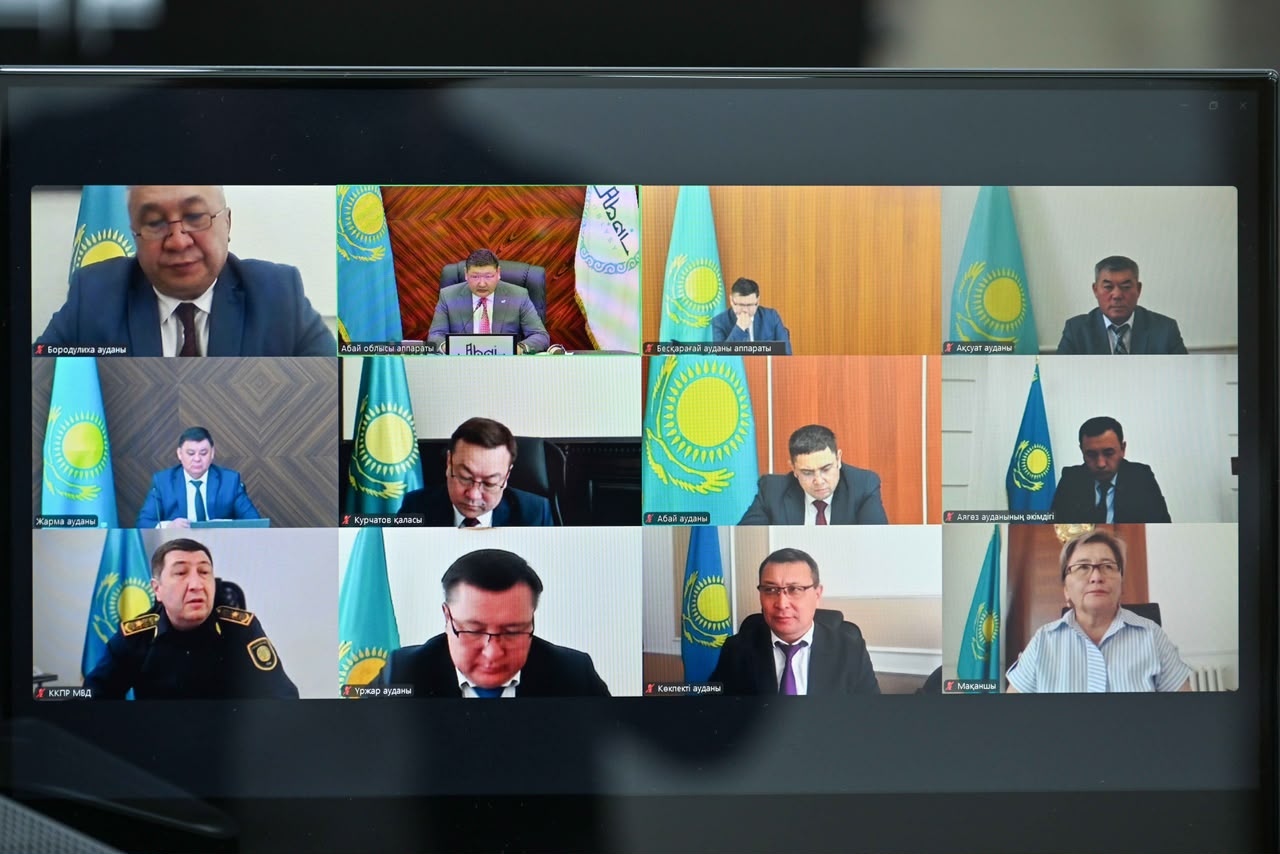 Монитордағы бейнеконференция: Қазақстан туларының фонында отырған мемлекеттік қызметкерлердің онлайн жиналысы.