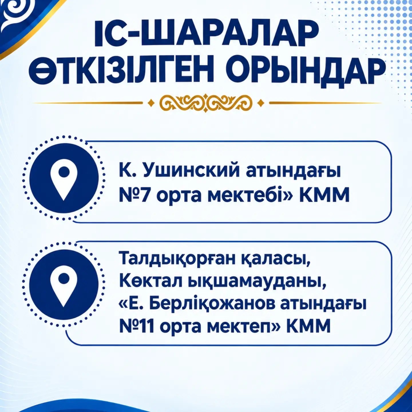 Іс-шаралар өткізілген орындар: К. Ушинский атындағы №7 және Е. Берліқожанов атындағы №11 орта мектептері.