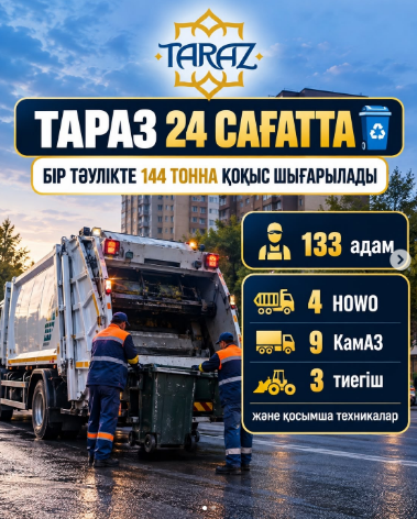 Тараз қаласының тазалығын қамтамасыз ету үшін күн сайын қоқыс жинау және шығару жұмыстары жүргізіледі