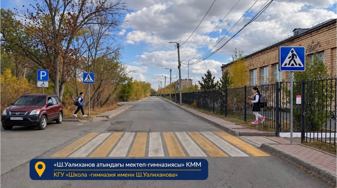 Мектеп-гимназия алдындағы жаяу жүргіншілер жолы және мектепке бара жатқан оқушылар.
