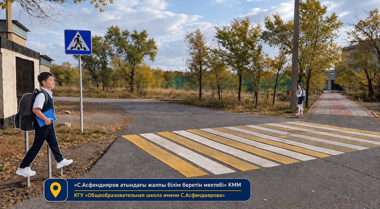 Мектеп жолындағы жаяу жүргіншілер жолағымен жүрген оқушылар.