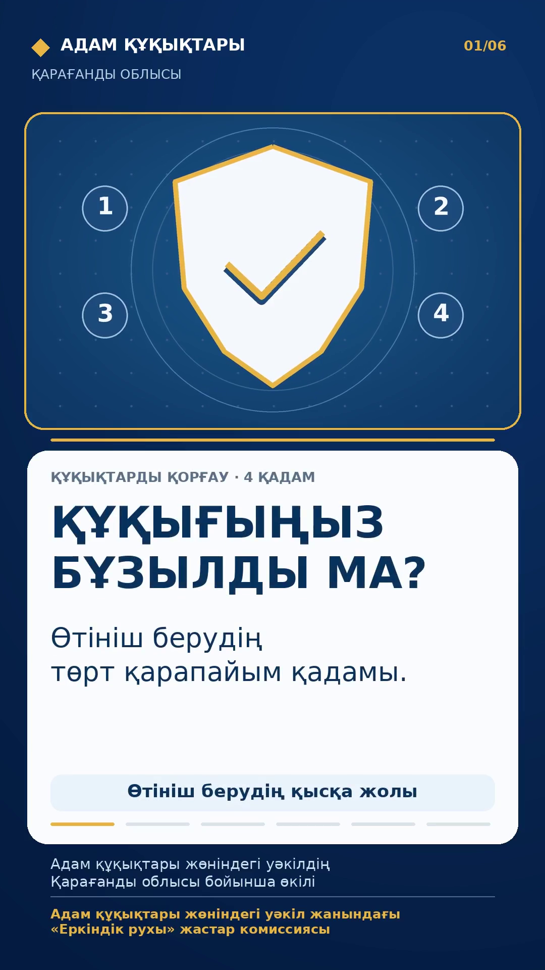 Егер құқықтарыңыз бұзылды деп есептесеңіз, жағдайды өтініште анық әрі нақты баяндау маңызды. Бейнероликте төрт қарапайым қадам көрсетілген: болған жағдайды сипаттау, өз деректеріңізді көрсету және құжаттарды тіркеу, өтінішіңізді нақты тұжырымдау және оны жолдау