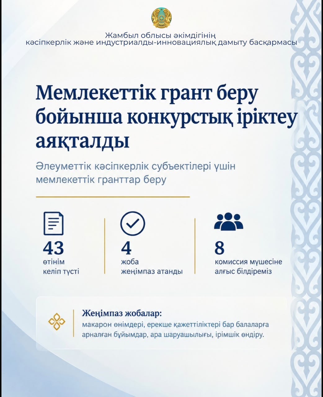 Әлеуметтік кәсіпкерлік субъектілеріне мемлекеттік грант беру конкурсының қорытындысы