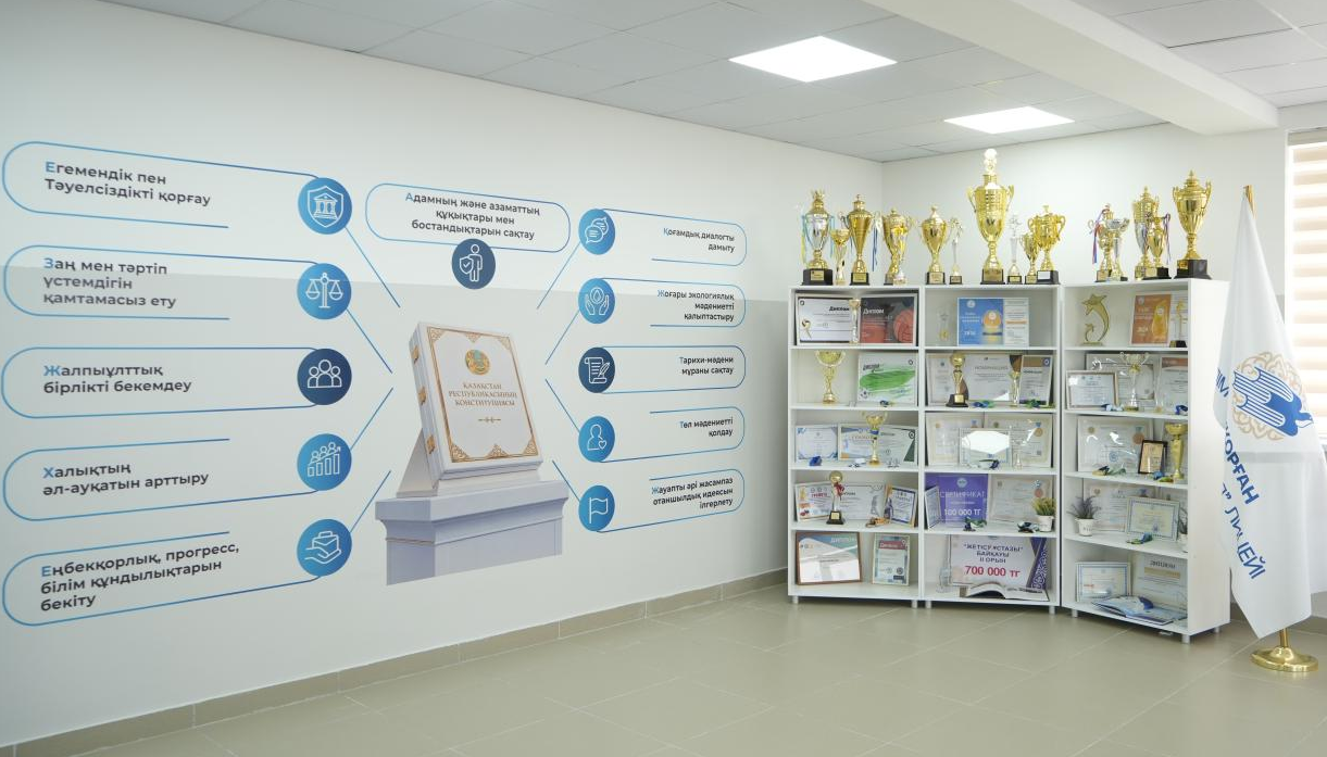 Қазақстан Республикасының Конституциясы мен мемлекеттік құндылықтар бейнеленген стенд және жетістіктер куәландырулары бар сөрелер.