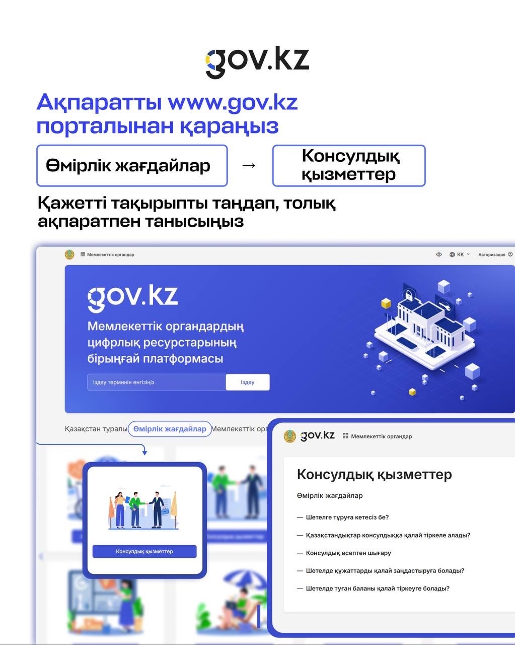 gov.kz порталындағы «Өмірлік жағдайлар» бөлімі арқылы «Консулдық қызметтер» туралы ақпаратты табу нұсқаулығы.