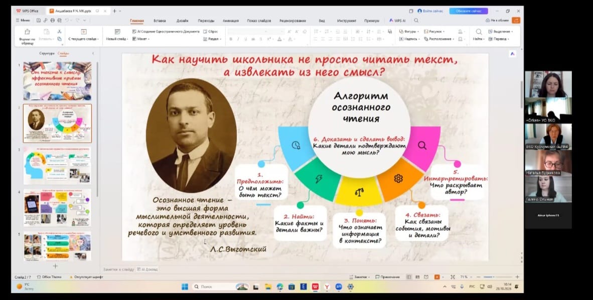 Л.С. Выготскийтің саналы оқу алгоритмі туралы презентациясы мен онлайн сабақ скриншоты.