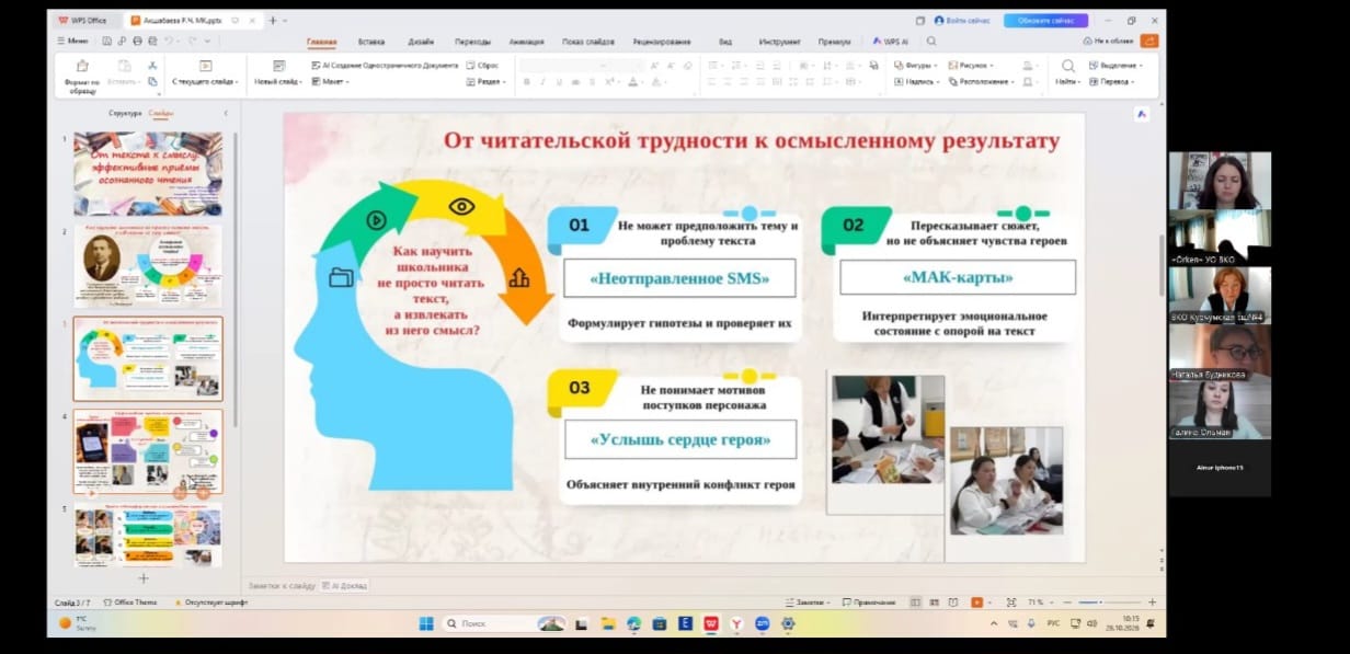 Оқушылардың мәтінді түсіну дағдыларын дамыту әдістемесі туралы презентация экраны және онлайн конференция қатысушылары.