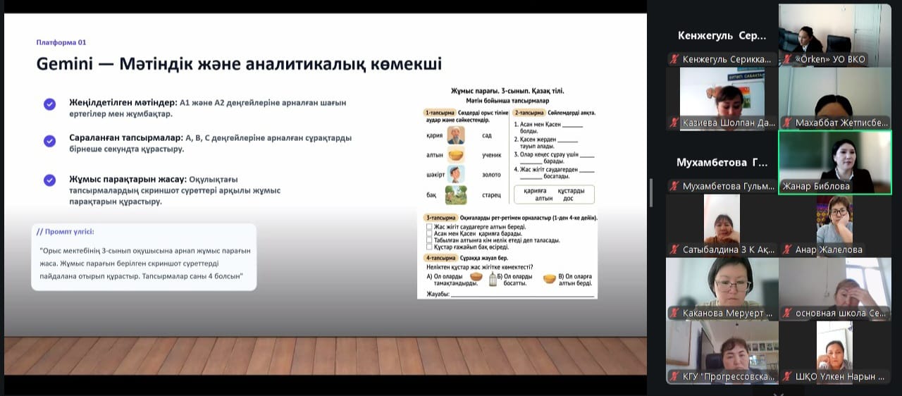 Gemini AI платформасының мүмкіндіктері мен жұмыс парағын құрастыру үлгісі көрсетілген онлайн презентация скриншоты.