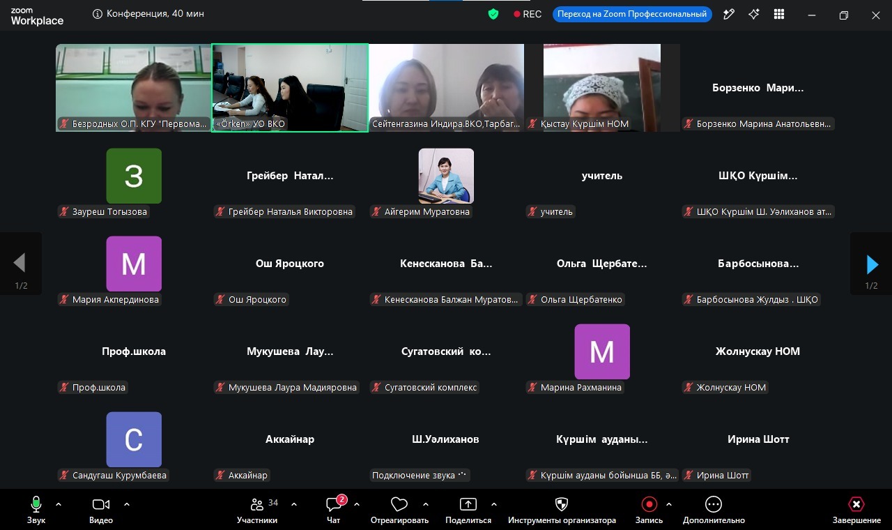 Zoom платформасындағы онлайн конференцияның скриншоты: қатысушылардың бейнелері мен есімдері көрсетілген интерфейс.