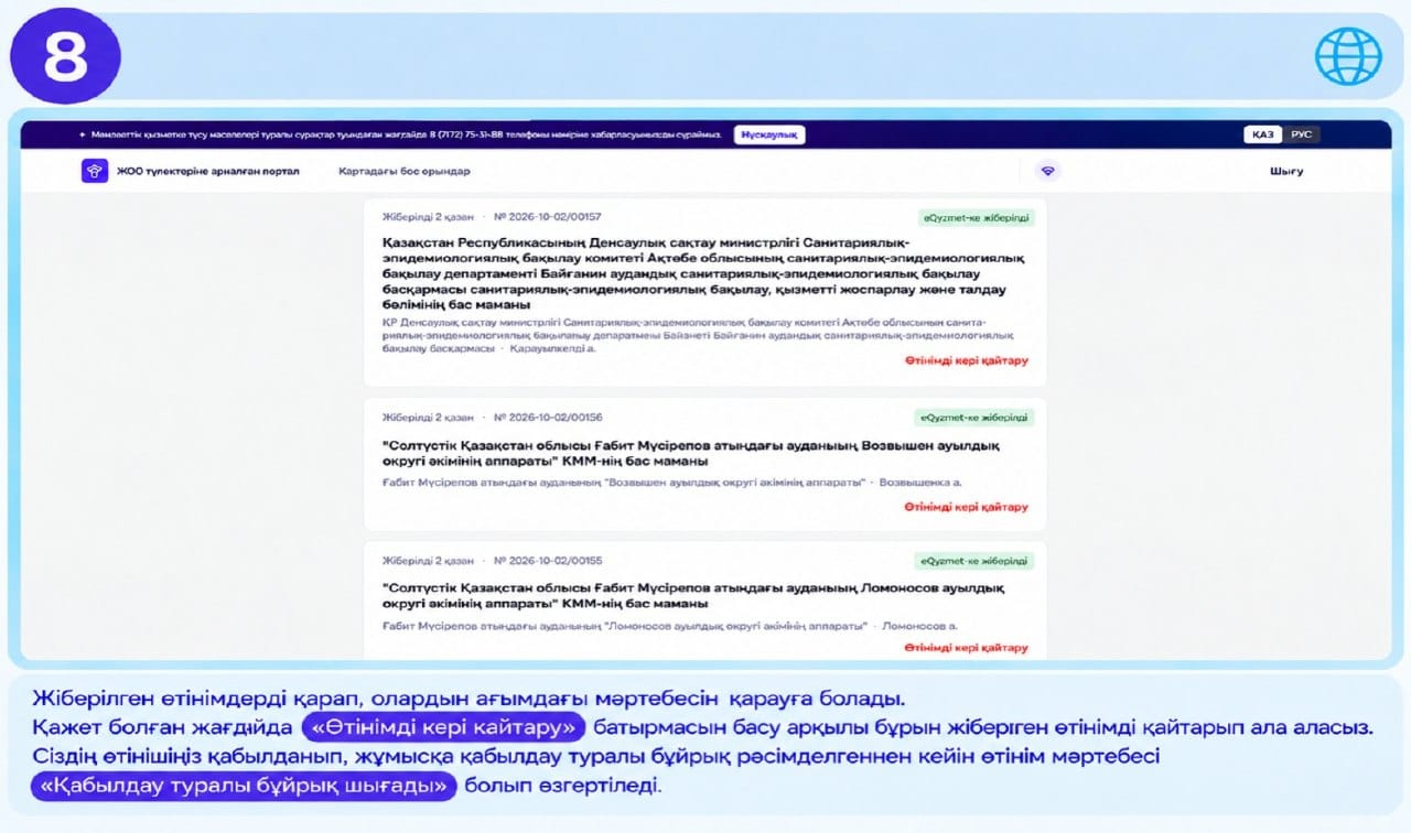 Бос жұмыс орындары туралы хабарландырулар көрсетілген веб-сайттың интерфейсі.