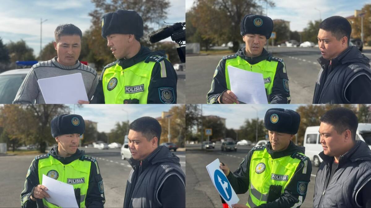 Полиция қызметкерінің жүргізушіге жол ережелерін түсіндіріп жатқан сәттері.